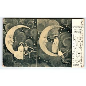 Paper Crescent Moon Postcard Spooning In The Moon Man Anthropomorphic Face 1910